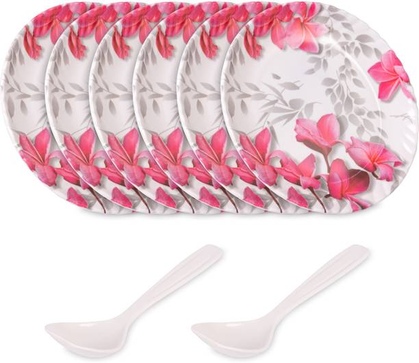 Home-pro Pack of 8 Melamin Royal Lehar Pink Flower 6 Full Dinner / Lunch Plate and 2 Serving Spoon Crockery Dinner Set