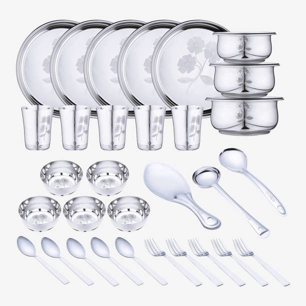 LIMETRO STEEL Pack of 34 Stainless Steel Laser Printed Flawer Design (Serves 5) Dinner Set