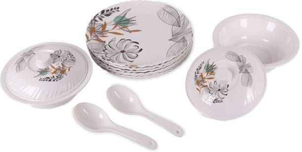 Home-pro Melamin Royal Lehar 106 Unique Black Flower Design 6 Full Plate 2 Donga, 2 Serving Spoon Dinner Set