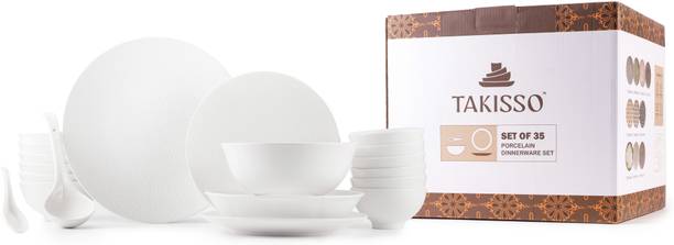 TAKISSO Pack of 35 Porcelain Elegant White Dinner Set – Premium Textured Crocker