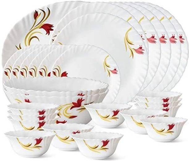 BOROSIL Pack of 27 Opalware Red Lily Opalware Dinner Set 27 Pieces White Dinner Set