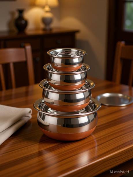 Nirvika Pack of 5 Stainless Steel Copper Base Handi with Lid / Urli Set Cookware Set patila Bhagona Dinner Set