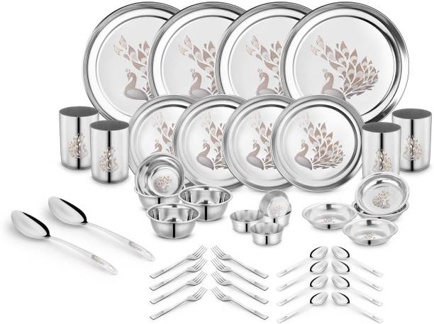 Classic Essentials Pack of 42 Stainless Steel Dinnerware 42-Piece Set High Grade Stainless Steel with Permanent Lazer Design of Peacock Dinner Set of Full Plates,Glass,Bowls and Spoons Dinner Set Dinner Set