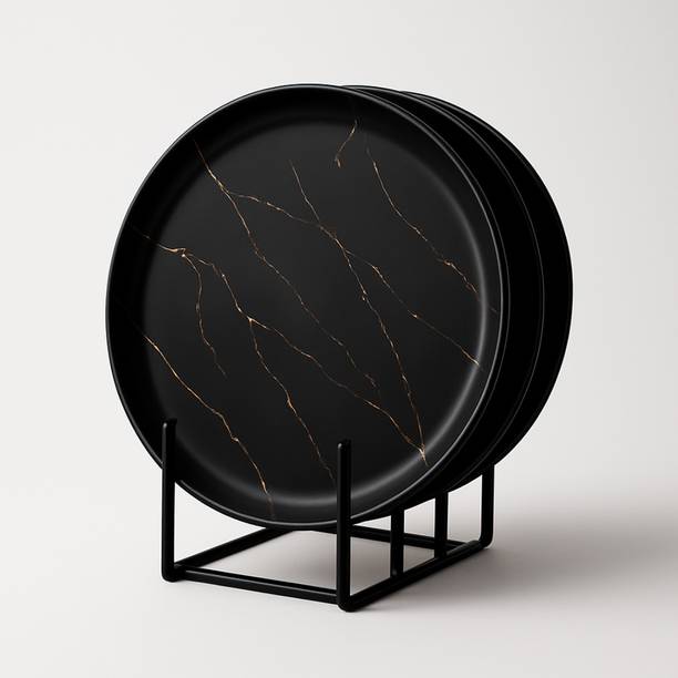 Disset Imaports and Exports Pack of 3 Melamin Melamine Plates with Color Black with Gold Ceramic Set of 3 Plates Dinner Set