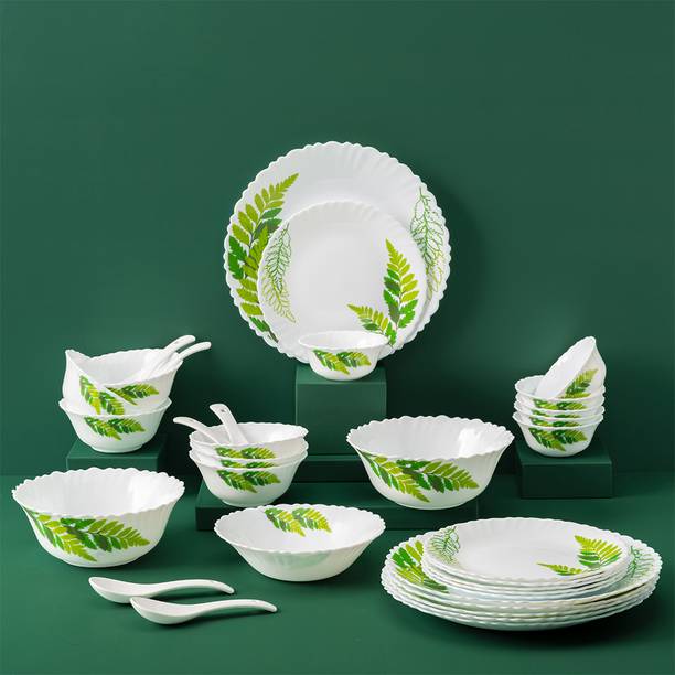 नून Dewleaf Green Dinner Set, Crockery Set for Dining & Gifting, Plate & Bowl 33 का पैक डिनर सेट