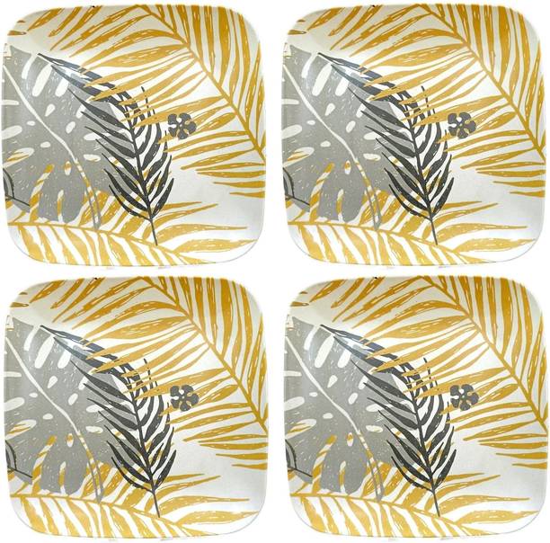 Deepashri Pack of 4 Bamboo Fiber 10 Inch Leaf Printed Squire Dinner Plates 100% Biodegradable Dinner Set