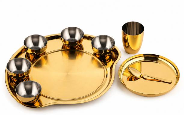 Dhruv Stainless Steel maharaja thal 9 item set Premium PVD Dinner Set
