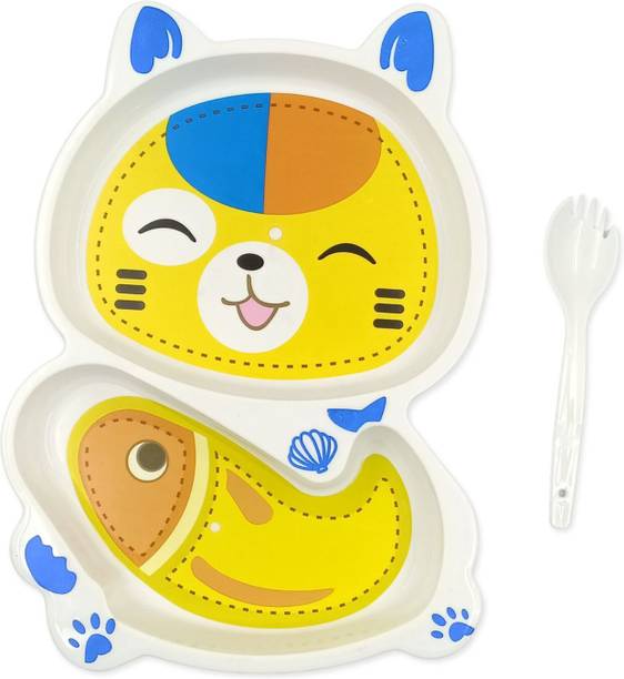 Plast boy Plastic Kitty Shaped Kids Feeding Plate with White Plastic Fork Dinner Set