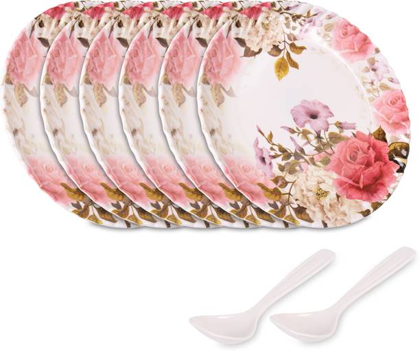 होम-प्रो R L 102 Pink Printed 6 Full Plates & 2 Serving Spoons | Melamin Crockery Set 8 का पैक डिनर सेट