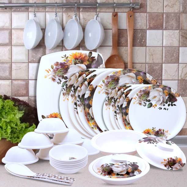 Home-pro Pack of 32 Melamin Dinner set Boss Elegant, Stain Resistant, Beautiful White Floral Design Dinner Set