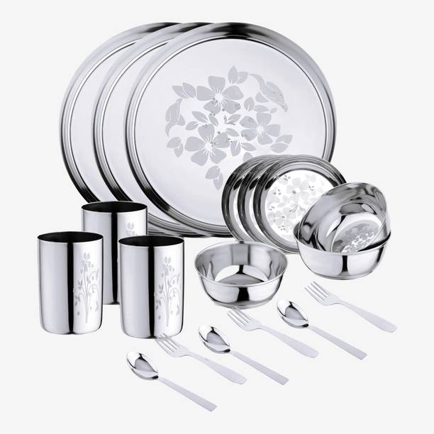 LIMETRO STEEL Pack of 18 Stainless Steel Stainless Steel Dinner Set (Laser Print) Dinner Set