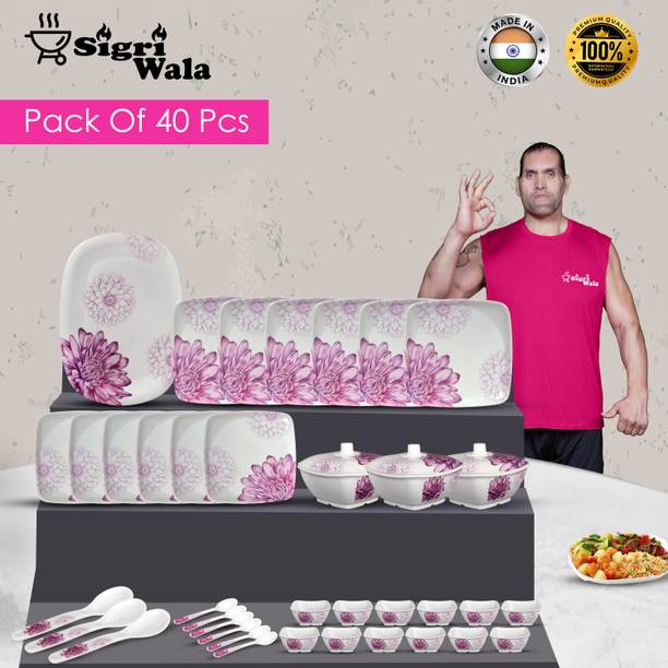 Sigri-wala Pack of 40 Melamin Pink White Dinner Set