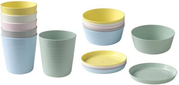 IKEA Pack of 18 Plastic Glass(Mug) 6,Bowl 6, plates 6, Easy to Carry , Childern's Dinner Set