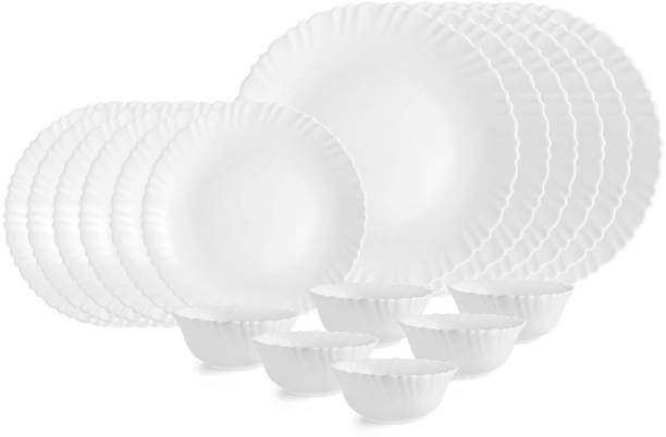 cello Pack of 18 Opalware Opalware Dazzle Plain White Dinner Set|Light Weight | Extra Strong Dinner Set