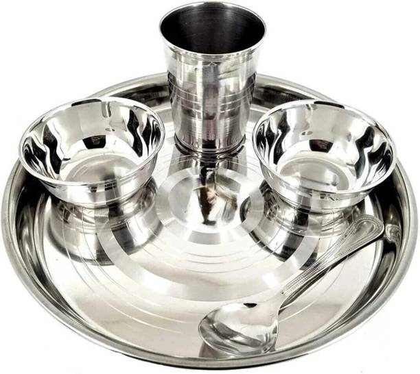 BluNeo Pack of 5 Stainless Steel Daily Use Luxury 1 Thali, 2 Bowl, 1 Glass & 1 Spoon Lunch & Dinner Set