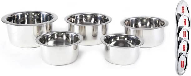 Nirvika Pack of 5 Stainless Steel tope set with lid tapeli/patila/serving bowl/dinner cookware/pot pan cooking Dinner Set