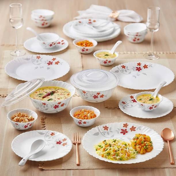 Larah by Borosil Pack of 34 Opalware Galaxy Rosalie Crockey Set for Dining & Gifting, Plate & Bowl Dinner Set