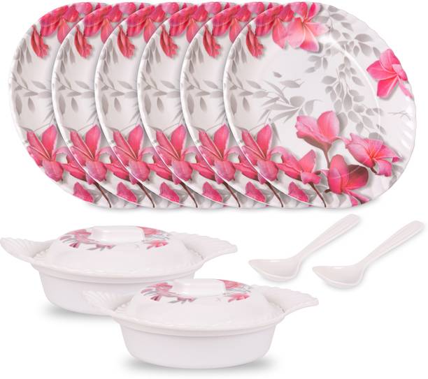 Home-pro Pack of 10 Melamin Royal Lehar Pink Flower Print 6 Full Plate 2 Donga | 2 Serving Spoon | Crockery Dinner Set