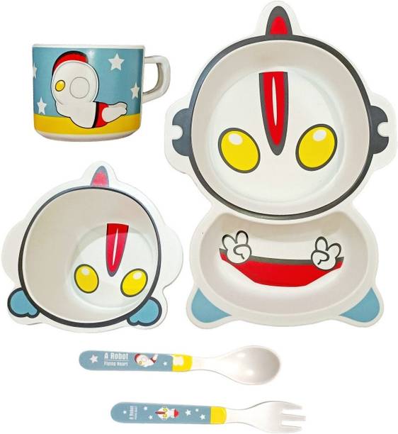 Deepashri Bamboo FIbre White Alien Baby Feeding kids Dinner Set (Plate, Bowl, Cup, Spoon & Fork) Dinner Set