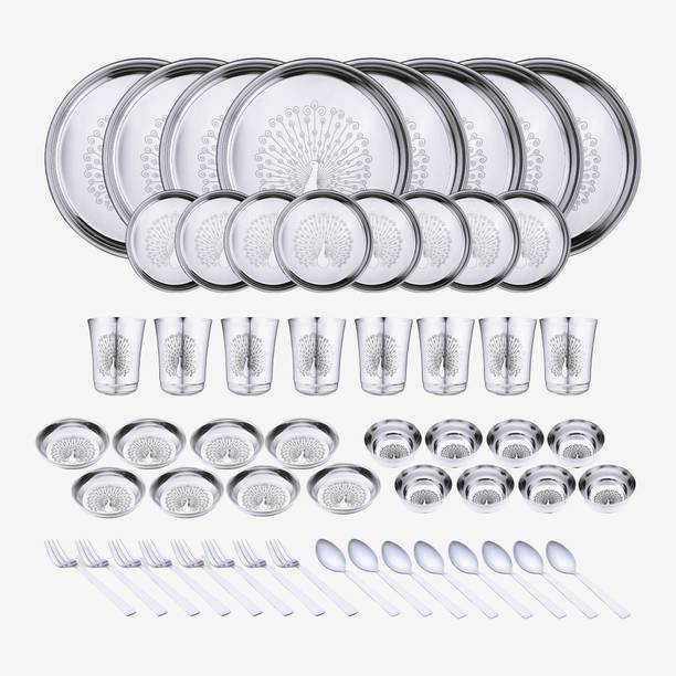 LIMETRO STEEL Pack of 56 Stainless Steel Laser Printed Peacock Design (Serves 8) Dinner Set