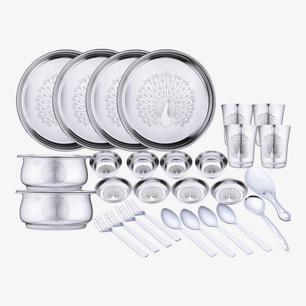 LIMETRO STEEL Pack of 30 Stainless Steel Laser Printed Peacock Design (Serves 4) Dinner Set