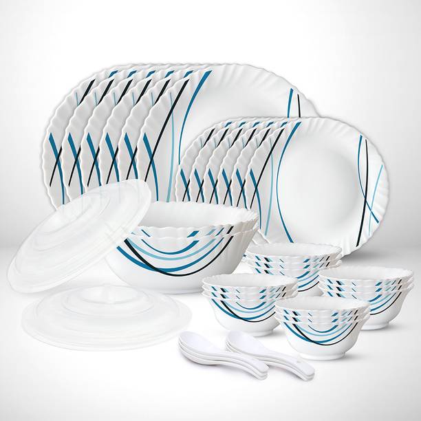 Larah by Borosil Pack of 34 Opalware Galaxy Series Merlin 34 pcs Dinnerset, Opalware Crockery For Dining & Gifting Dinner Set
