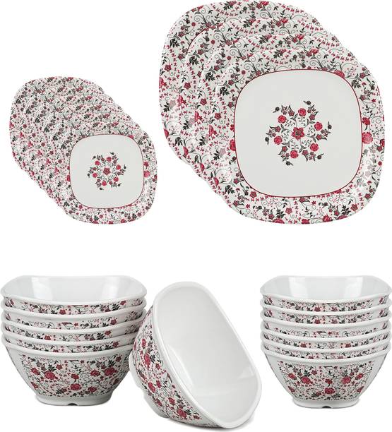BATANIYA Pack of 24 Melamin Red Floral Triple Coating - 6 Full Plate, 12 Veg Bowl, 6 Half Plate Dinner Set