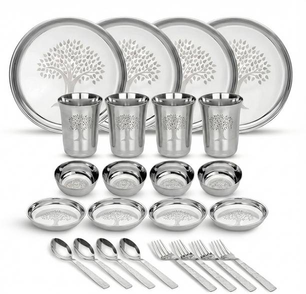 Human Hydro Pack of 24 Stainless Steel Plate, Bowl (Katori), Side Plate, Glass, Spoon & Fork Dinner Set
