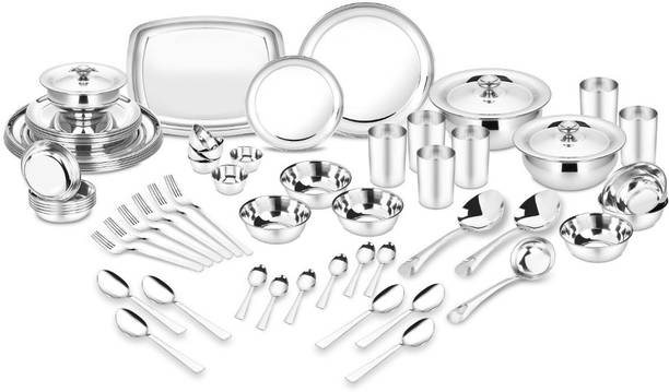 क्लासिक एसेंशियल्स DinnerSet|Heavy Gauge & High Quality|KitchenSet for Home|Stainless Steel 64 का पैक डिनर सेट