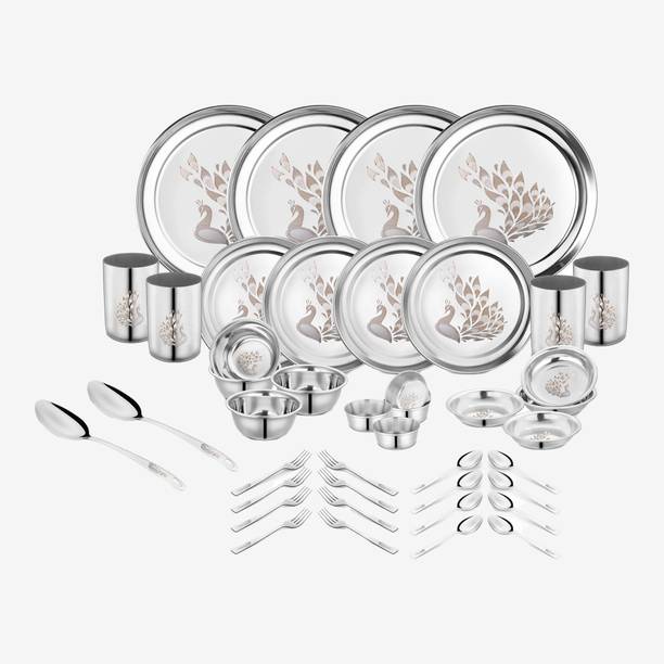 क्लासिक एसेंशियल्स Dinnerware 42-Piece Set High Grade Stainless Steel with Permanent Lazer Design of Peacock Dinner Set of Full Plates,Glass,Bowls and Spoons Dinner Set 42 का पैक डिनर सेट