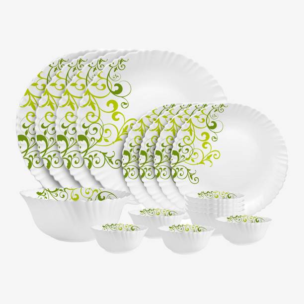 सेलो Dazzle Opalware Oleander Dinner Set | Crockery Set | Green 17 का पैक डिनर सेट