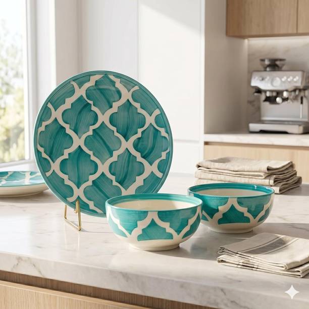 ARQIVO Pack of 3 Ceramic Moroccan Ceramic Dinnerware 1 Pcs 8" Dessert Plates & 2 Pcs Bowls Dinner Set