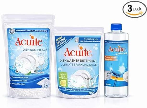 Acuite Dishwasher Salt 2Kg + Detergent Powder 500g + Rinse Aid Liquid 500ml Dishwashing Detergent