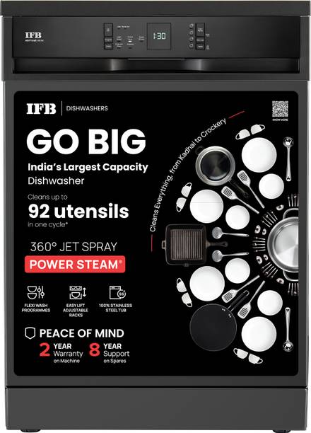 IFB Neptune VX14 Free Standing 14 Place Settings with 70 Degree Hot Water Wash, 360 Degree Spray Arm, Hygienic Steam Drying Dishwasher