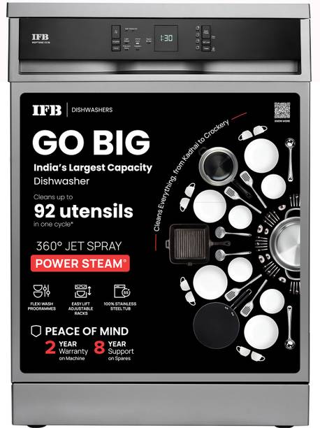 IFB Neptune VX15 Free Standing 15 Place Settings with 70 Degree Hot Water Wash, 360 Degree Spray Arm, Hygienic Steam Drying Dishwasher