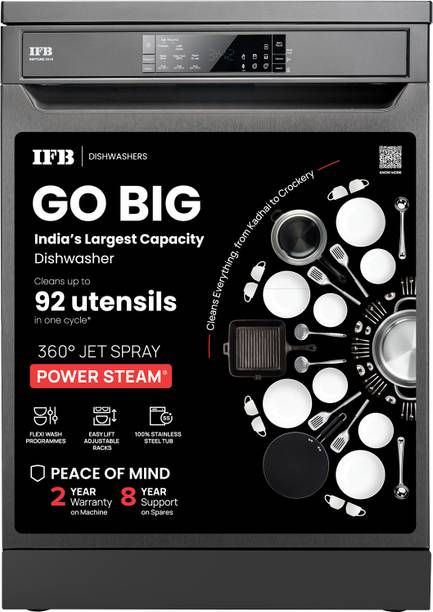 IFB Neptune VX16 Free Standing 16 Place Settings with ION Technology, Auto Door Open, 70 Degree Hot Water Wash, Hygienic Steam Drying, Inox Grey Dishwasher