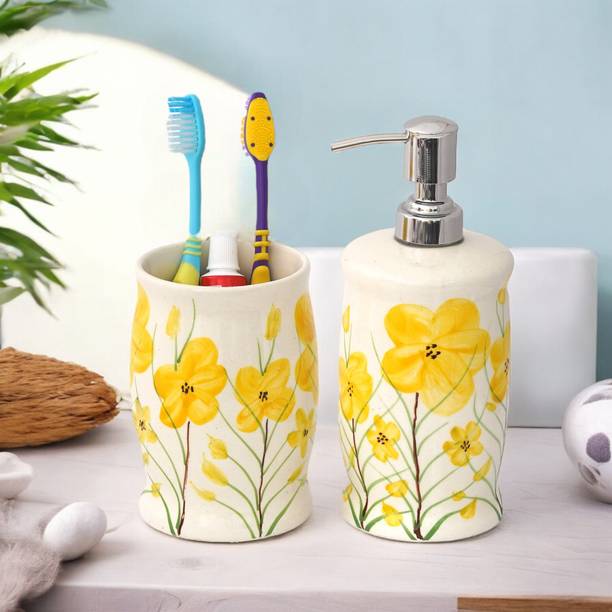 The Transit Story Hand-Painted Liquid Soap Dispenser & Toothbrush Holder Rust-Proof for Kitchen , Ceramic Bathroom Set