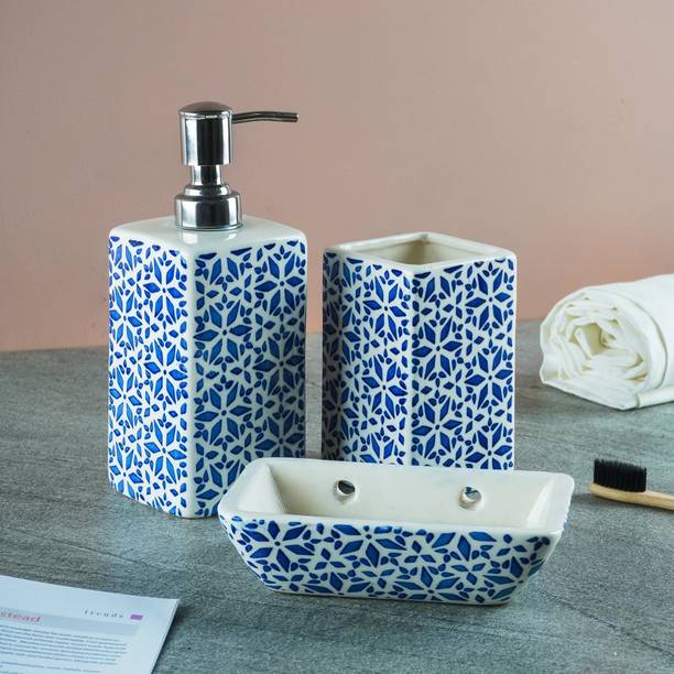 The Transit Story Hand-Painted Liquid Soap Dispenser, Soap Case & Toothbrush Holder Rust-Proof Ceramic Bathroom Set