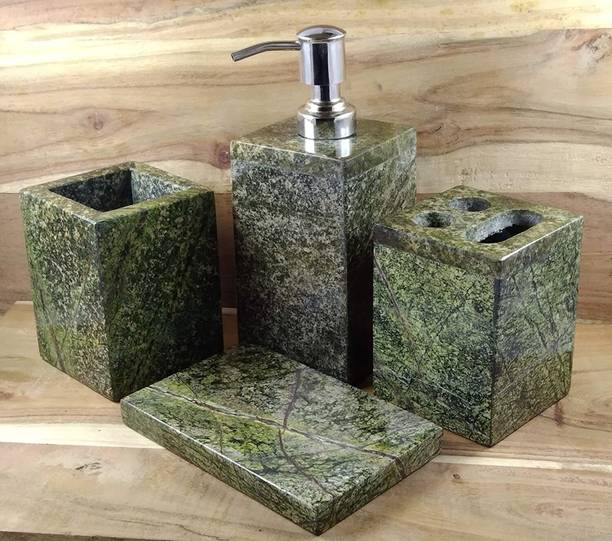 AONEDESIGN Bathroom Accessory Set- Forest Green Stone Marble of 4 Pieces - Soap Dispenser, Tumbler, Soap Dish, Brush Holder for Bathroom Décor (Color-Green) Marble Bathroom Set