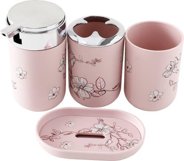 The Better Home 4-Piece Bathroom Accessories Set Dish Attractive Peach Blossom Design Plastic Bathroom Set