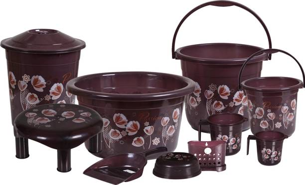 Goodwill Tech Unbreakable 18L Tub, 16L/5L Bucket, 11L Round Bin & dustpan, Patlo, 1.5L/1L Mug Plastic Bathroom Set