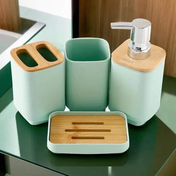 KUBER INDUSTRIES 4 Pieces Bathroom Accessories Set | Mouth Wash Cup & Soap Dish,Green PP (Polypropylene), Bamboo Bathroom Set