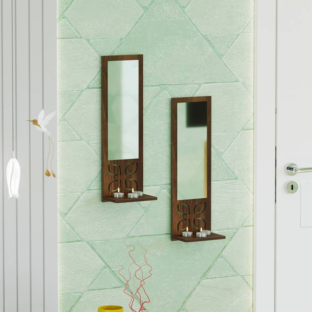 Bluewud Promys Wooden Wall Art with Mirror & Shelf (Set of Two) For Decor Living Room Engineered Wood Display Unit