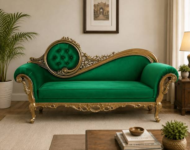 ALFA WOODEN NEST Royal Green Velvet Carved Wooden Frame Luxury diwan with Golden Finish Solid Wood Diwan