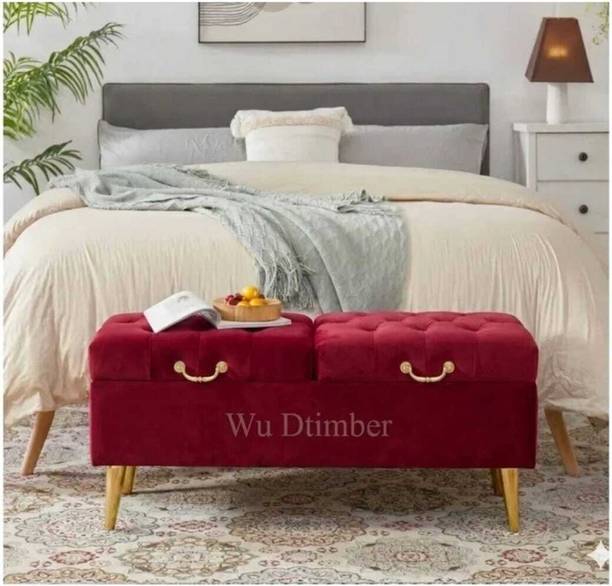 Wu Dtimber Luxury Velvet Storage Ottoman Bench with Wooden Legs & Gold Handle Engineered Wood Settee