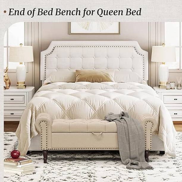 MAJESTIC MART Luxury Button Tufted Bench with Arm and Nailhead Ottoman Bench for Living Room Solid Wood Settee
