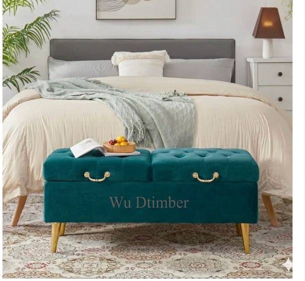 Wu Dtimber Luxury Velvet Storage Ottoman Bench with Wooden Legs & Gold Handle Engineered Wood Settee