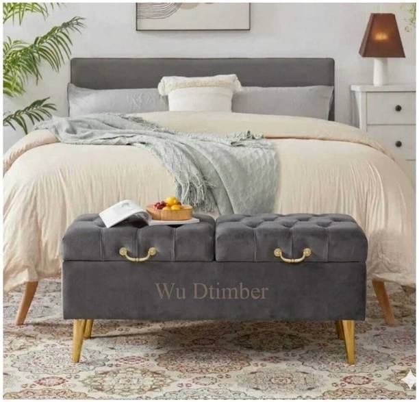 Wu Dtimber Luxury Velvet Storage Ottoman Bench with Wooden Legs & Gold Handle Engineered Wood Settee