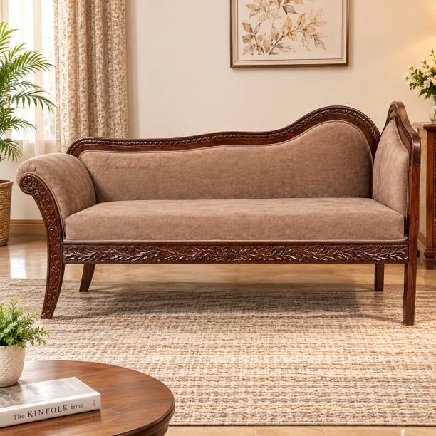 ALFA WOODEN NEST Traditional Carved Wooden Diwan Sofa with Beige Upholstery – Walnut Brown Finish Solid Wood Diwan