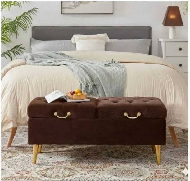 Wu Dtimber Luxury Velvet Storage Ottoman Bench with Wooden Legs & Gold Handle Engineered Wood Settee